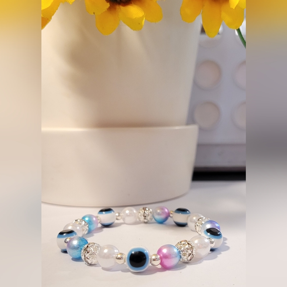 White blue & pink Evil Eye Beaded Stretch Protection Mal De Ojo Fashion Bracelet